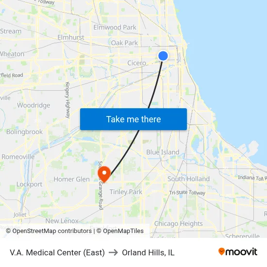 V.A. Medical Center (East) to Orland Hills, IL map