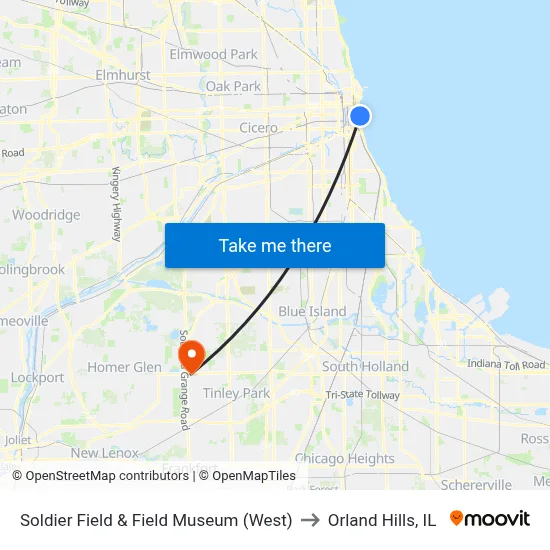 Soldier Field & Field Museum (West) to Orland Hills, IL map