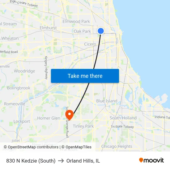 830 N Kedzie (South) to Orland Hills, IL map