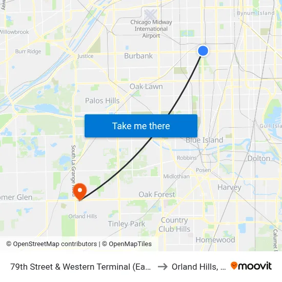 79th Street & Western Terminal (East) to Orland Hills, IL map