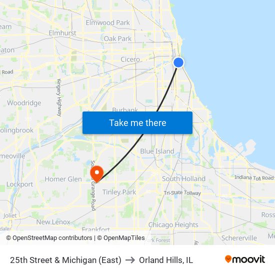 25th Street & Michigan (East) to Orland Hills, IL map