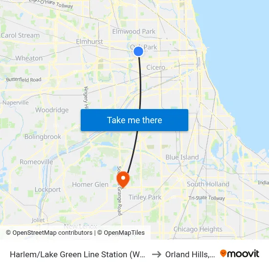 Harlem/Lake Green Line Station (West) to Orland Hills, IL map