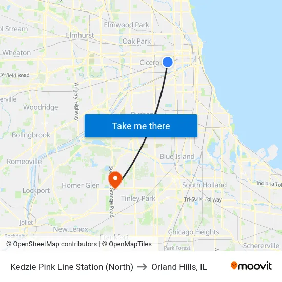 Kedzie Pink Line Station (North) to Orland Hills, IL map