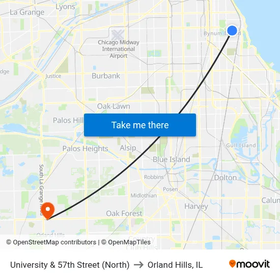 University & 57th Street (North) to Orland Hills, IL map