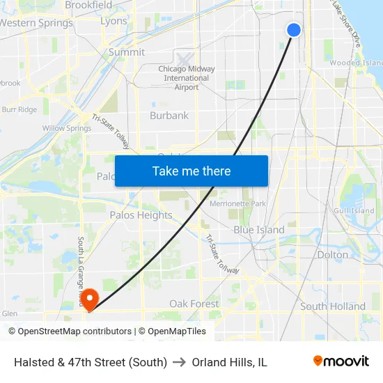 Halsted & 47th Street (South) to Orland Hills, IL map