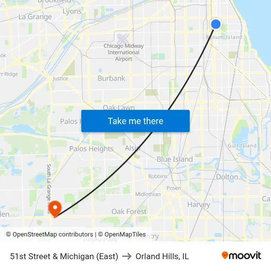51st Street & Michigan (East) to Orland Hills, IL map