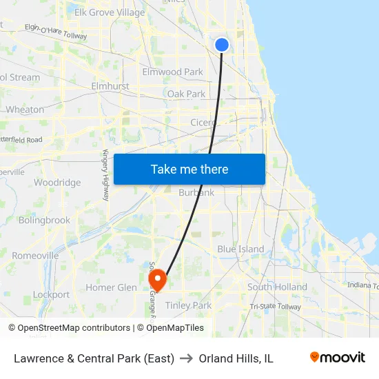 Lawrence & Central Park (East) to Orland Hills, IL map