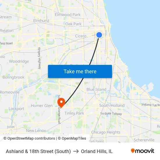 Ashland & 18th Street (South) to Orland Hills, IL map