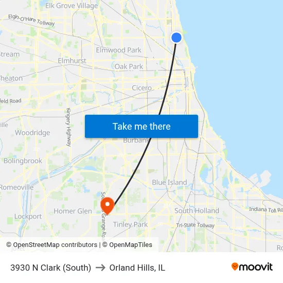 3930 N Clark (South) to Orland Hills, IL map