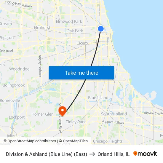 Division & Ashland (Blue Line) (East) to Orland Hills, IL map