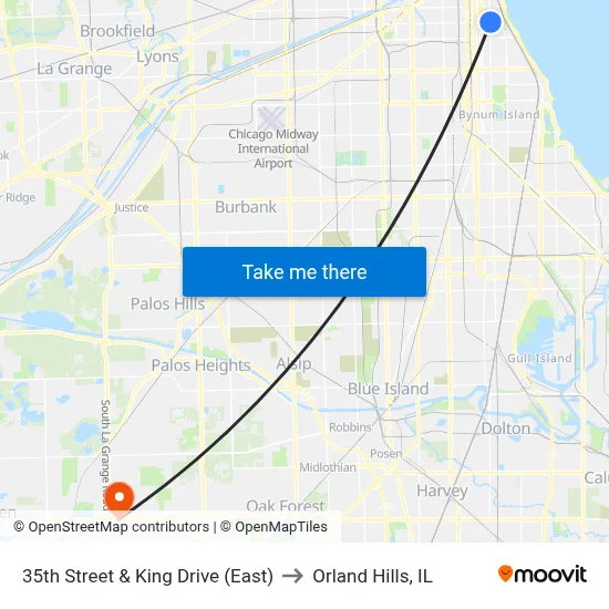 35th Street & King Drive (East) to Orland Hills, IL map