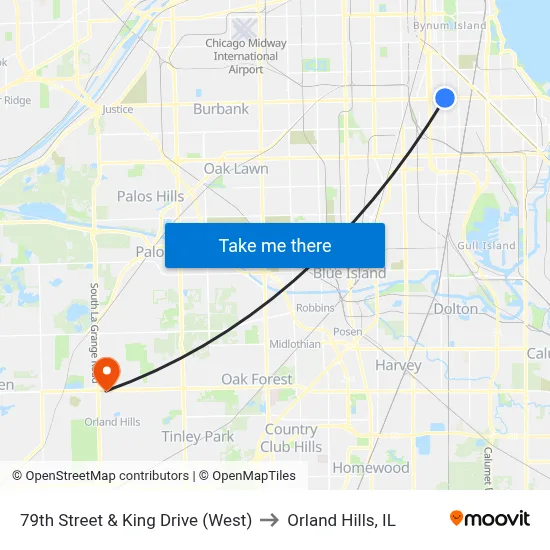 79th Street & King Drive (West) to Orland Hills, IL map