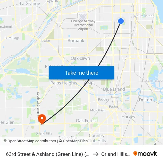 63rd Street & Ashland (Green Line) (East) to Orland Hills, IL map