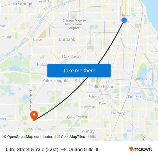 63rd Street & Yale (East) to Orland Hills, IL map