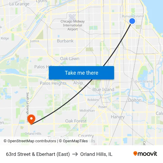63rd Street & Eberhart (East) to Orland Hills, IL map