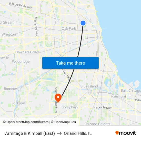 Armitage & Kimball (East) to Orland Hills, IL map