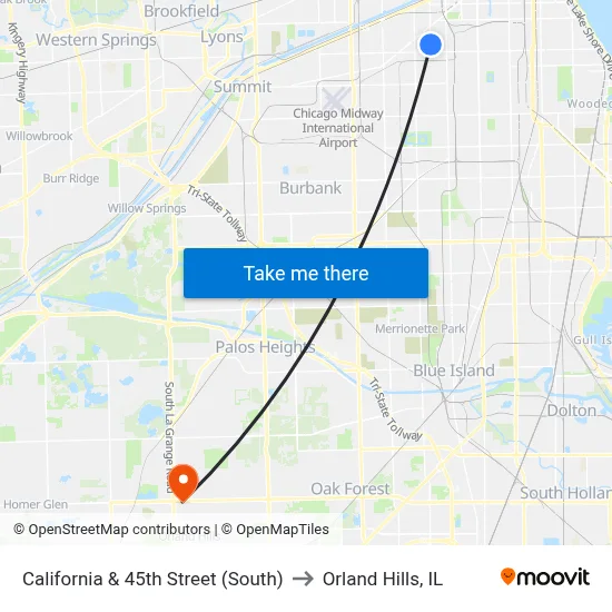 California & 45th Street (South) to Orland Hills, IL map