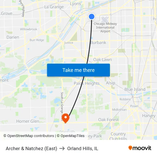 Archer & Natchez (East) to Orland Hills, IL map