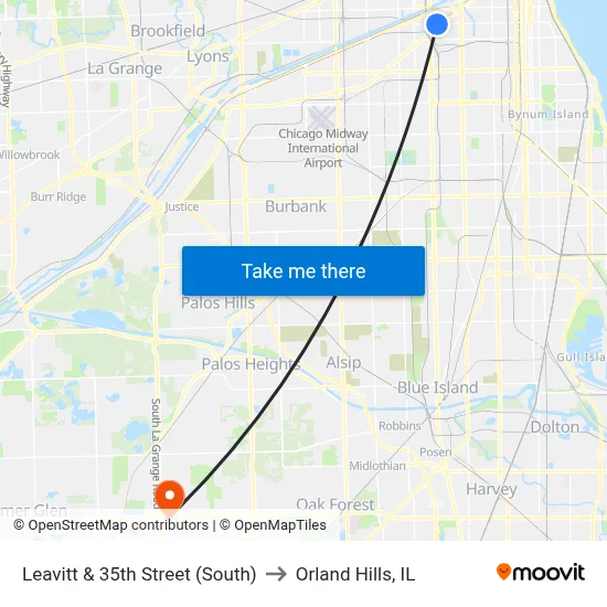 Leavitt & 35th Street (South) to Orland Hills, IL map