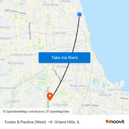 Foster & Paulina (West) to Orland Hills, IL map