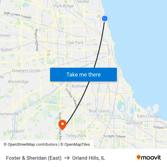 Foster & Sheridan (East) to Orland Hills, IL map