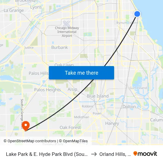 Lake Park & E. Hyde Park Blvd (South) to Orland Hills, IL map