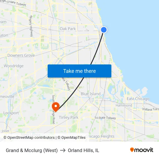 Grand & Mcclurg (West) to Orland Hills, IL map