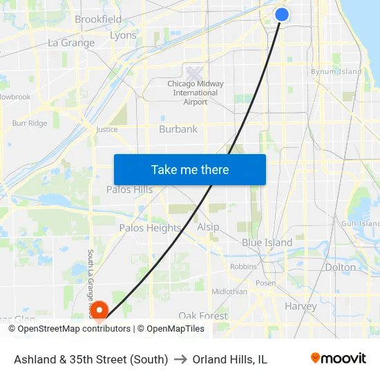 Ashland & 35th Street (South) to Orland Hills, IL map