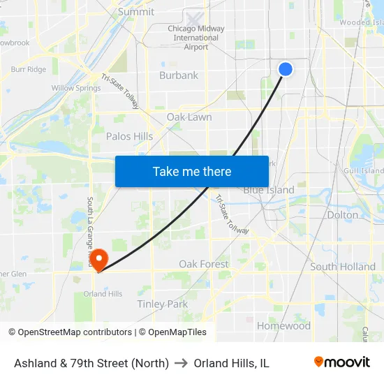 Ashland & 79th Street (North) to Orland Hills, IL map