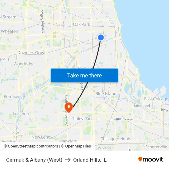 Cermak & Albany (West) to Orland Hills, IL map