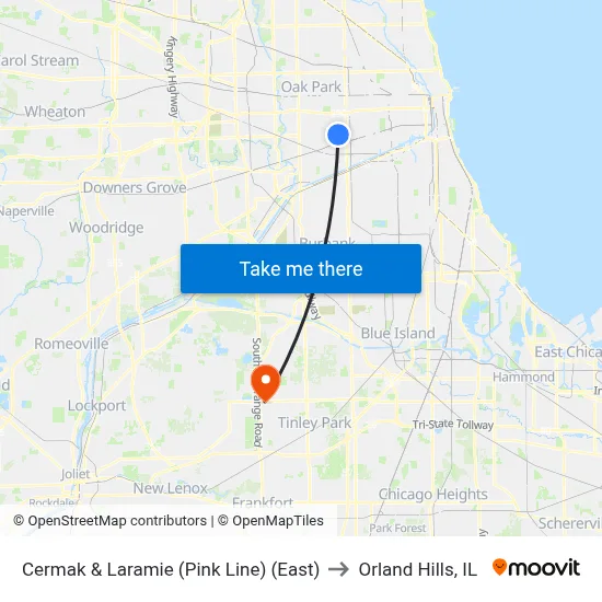 Cermak & Laramie (Pink Line) (East) to Orland Hills, IL map
