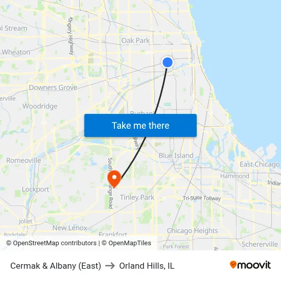 Cermak & Albany (East) to Orland Hills, IL map