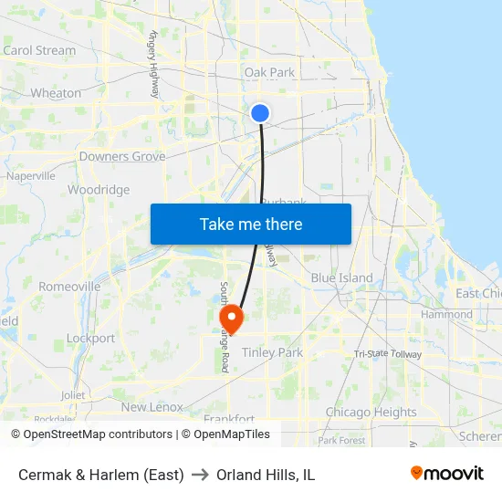 Cermak & Harlem (East) to Orland Hills, IL map