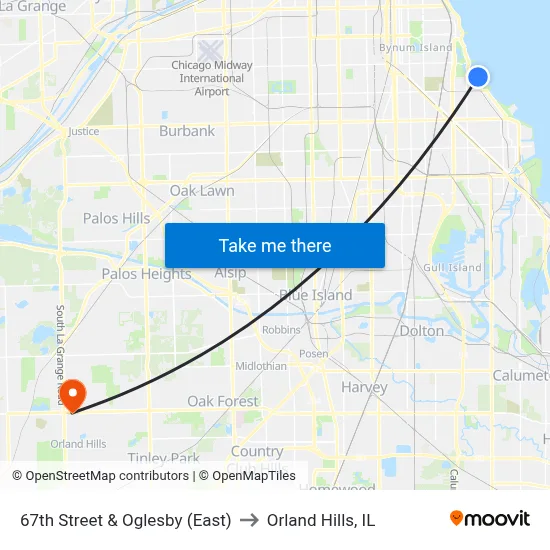 67th Street & Oglesby (East) to Orland Hills, IL map