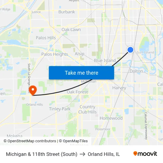 Michigan & 118th Street (South) to Orland Hills, IL map