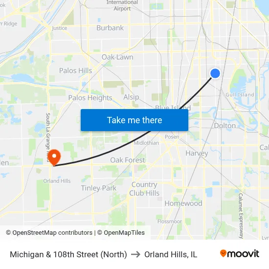 Michigan & 108th Street (North) to Orland Hills, IL map