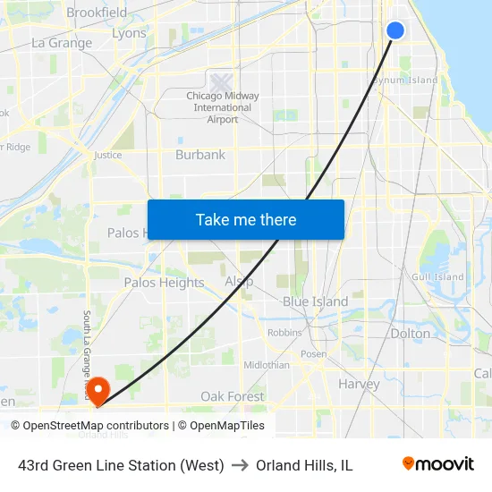 43rd Green Line Station (West) to Orland Hills, IL map