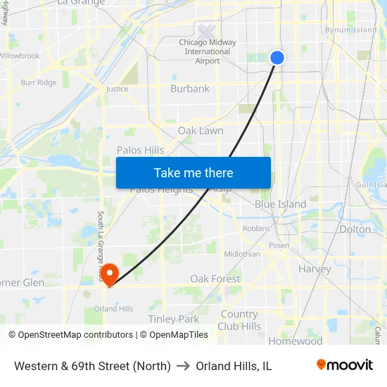 Western & 69th Street (North) to Orland Hills, IL map