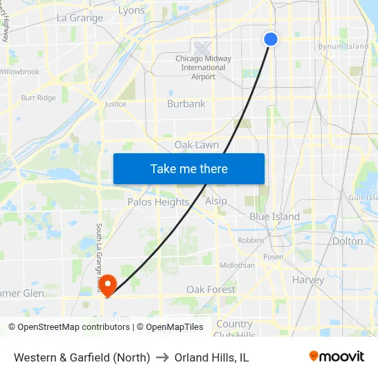Western & Garfield (North) to Orland Hills, IL map