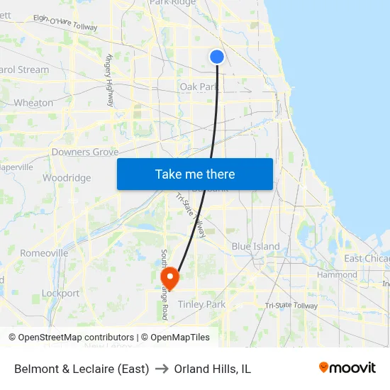 Belmont & Leclaire (East) to Orland Hills, IL map