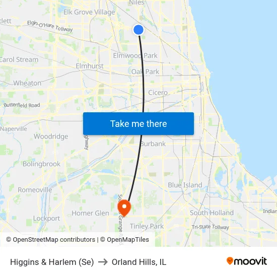 Higgins & Harlem (Se) to Orland Hills, IL map