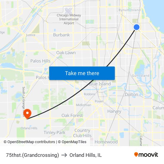 75thst.(Grandcrossing) to Orland Hills, IL map