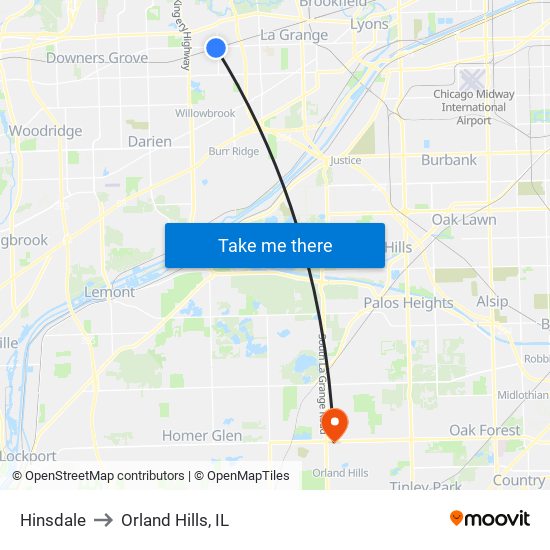 Hinsdale to Orland Hills, IL map