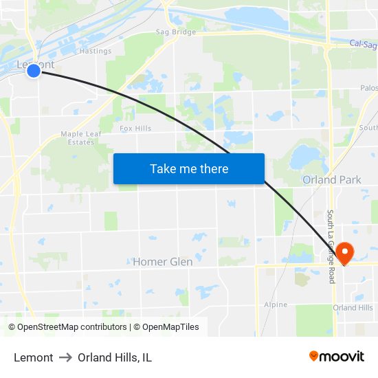 Lemont to Orland Hills, IL map