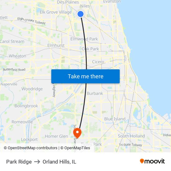 Park Ridge to Orland Hills, IL map