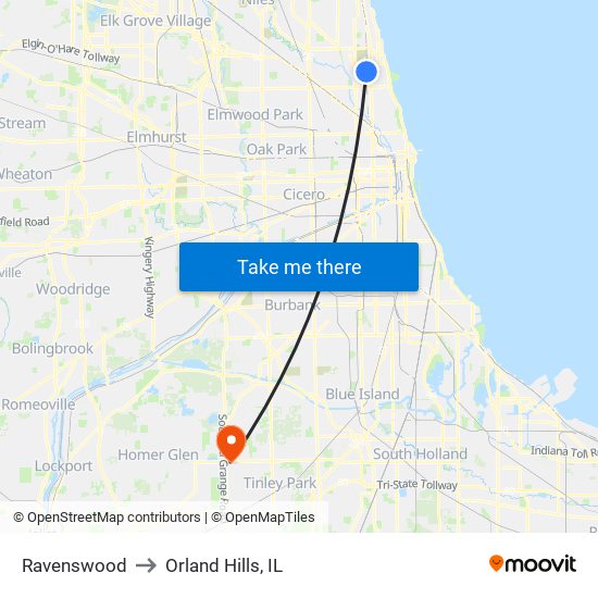 Ravenswood to Orland Hills, IL map