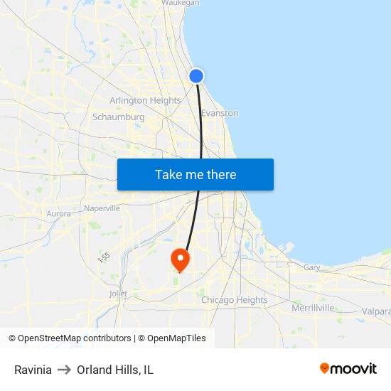 Ravinia to Orland Hills, IL map