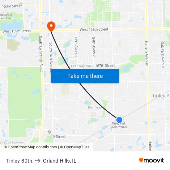 Tinley-80th to Orland Hills, IL map