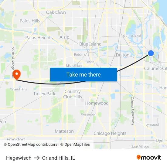 Hegewisch to Orland Hills, IL map
