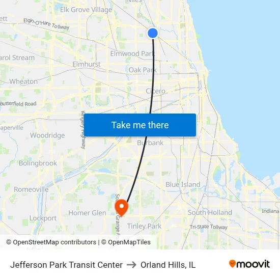 Jefferson Park Transit Center to Orland Hills, IL map
